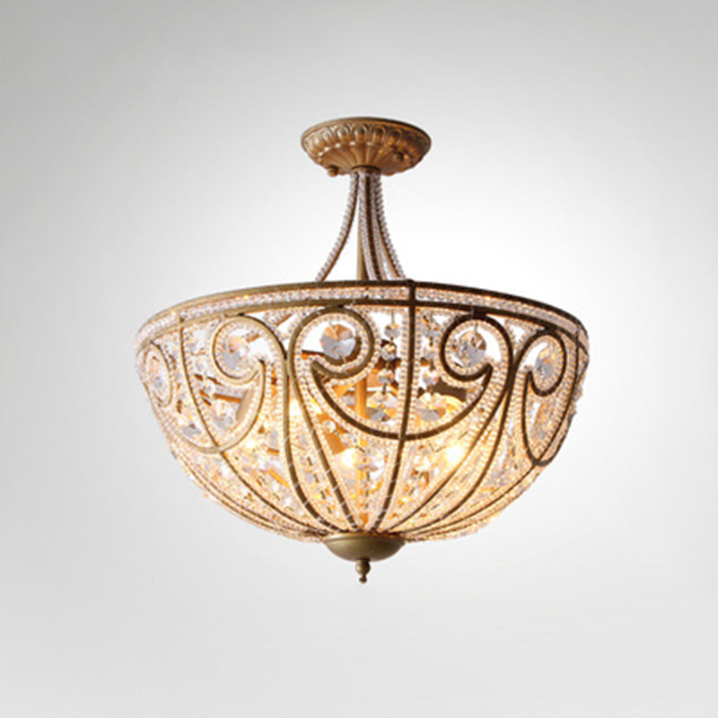 Rustic Dome Flush Mount Lamp - Gold Finish with Crystal Octagons & 5 Lights