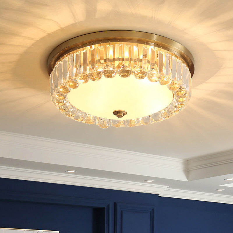 Vintage Gold Bowl-Shaped Flushmount Ceiling Lamp - K9 Crystal and Opal Glass Diffuser