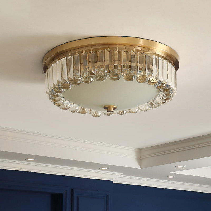 Vintage Gold Bowl-Shaped Flushmount Ceiling Lamp - K9 Crystal and Opal Glass Diffuser