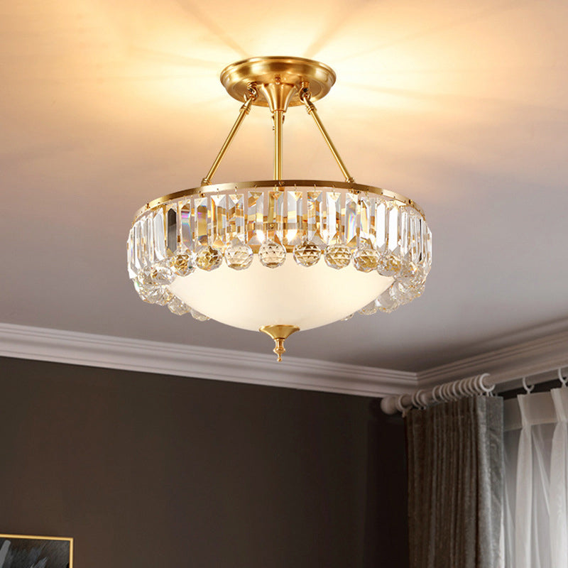Vintage Gold Bowl-Shaped Flushmount Ceiling Lamp - K9 Crystal and Opal Glass Diffuser