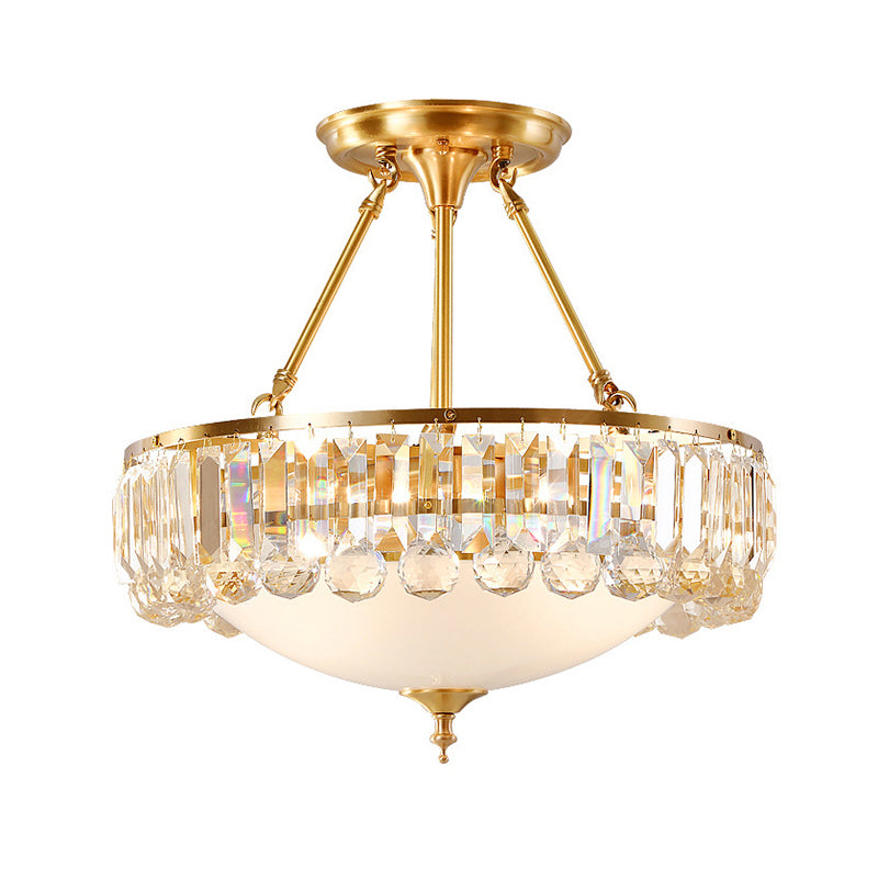 Vintage Gold Bowl-Shaped Flushmount Ceiling Lamp - K9 Crystal And Opal Glass Diffuser