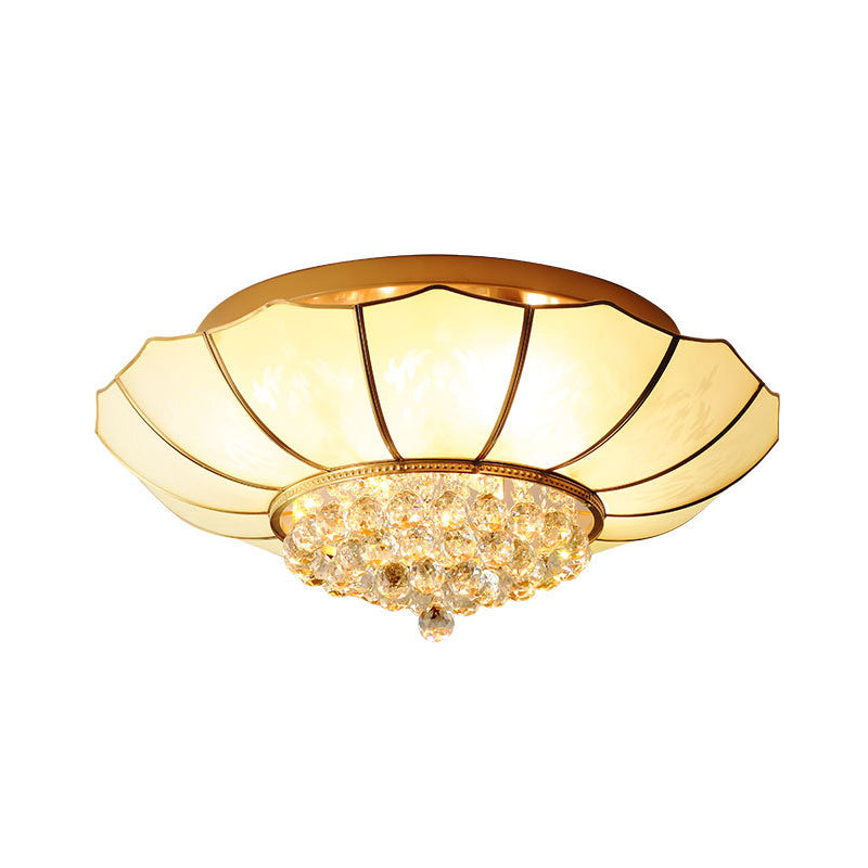 Gold Frosted Glass Umbrella Flush Light With Crystal Orbs