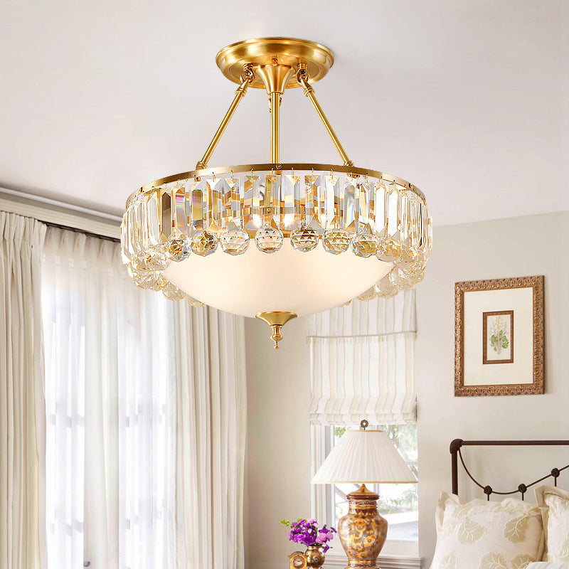 Gold Flush Mount Chandelier - Traditional Ivory Glass Bowl Ceiling Light with Crystal Decor - 4 Lights