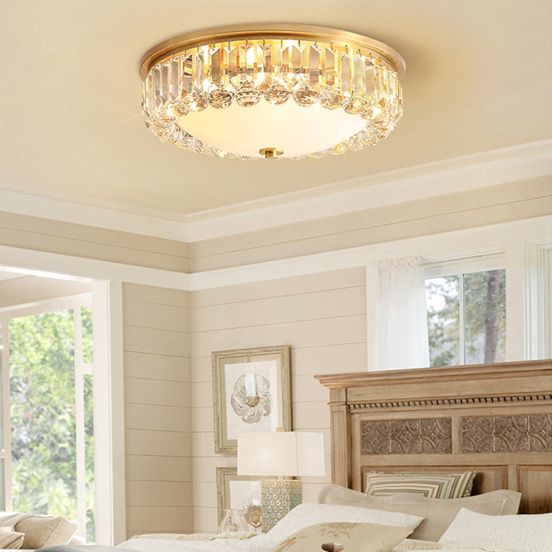 Gold Flush Mount Chandelier - Traditional Ivory Glass Bowl Ceiling Light with Crystal Decor - 4 Lights