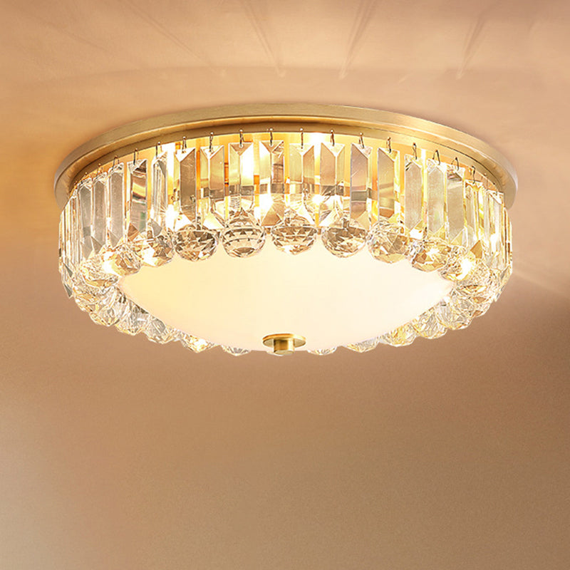 Gold Flush Mount Chandelier - Traditional Ivory Glass Bowl Ceiling Light with Crystal Decor - 4 Lights