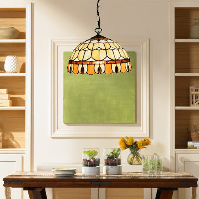 Lampe à suspension Tiffany Jeweled : motif cercle/pierre précieuse, abat-jour en verre teinté, chaîne incluse, idéale pour les salles à manger