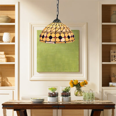 Lampe à suspension Tiffany Jeweled : motif cercle/pierre précieuse, abat-jour en verre teinté, chaîne incluse, idéale pour les salles à manger