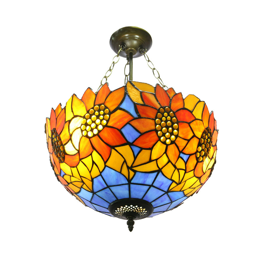 Plafonnier semi-encastré en vitrail tournesol orange/jaune - Parfait pour le salon !