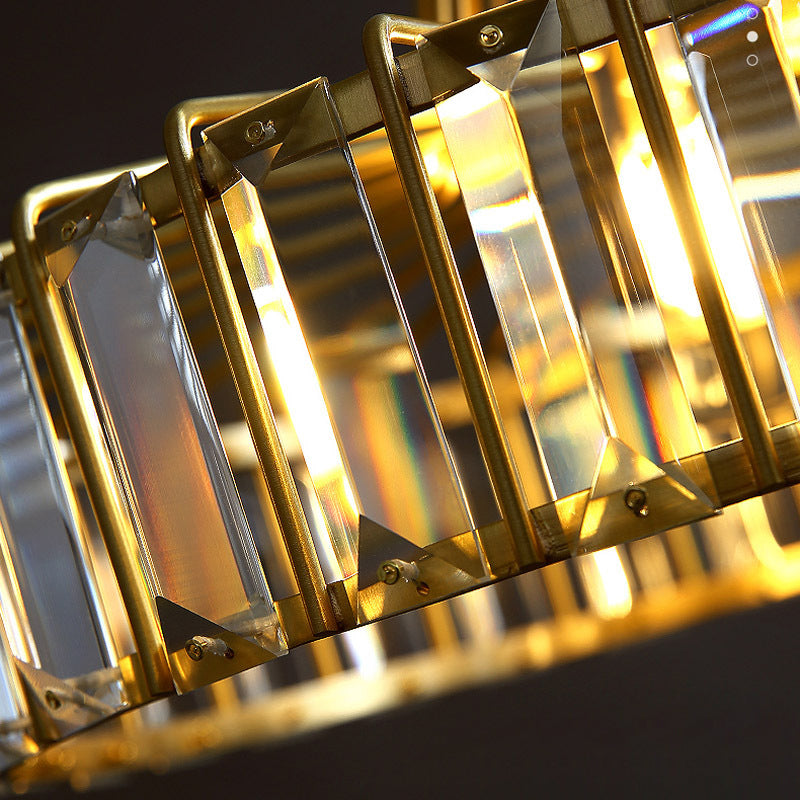 Contemporary Crystal Block Drum Pendant Light - Gold 10/14 Wide Hanging