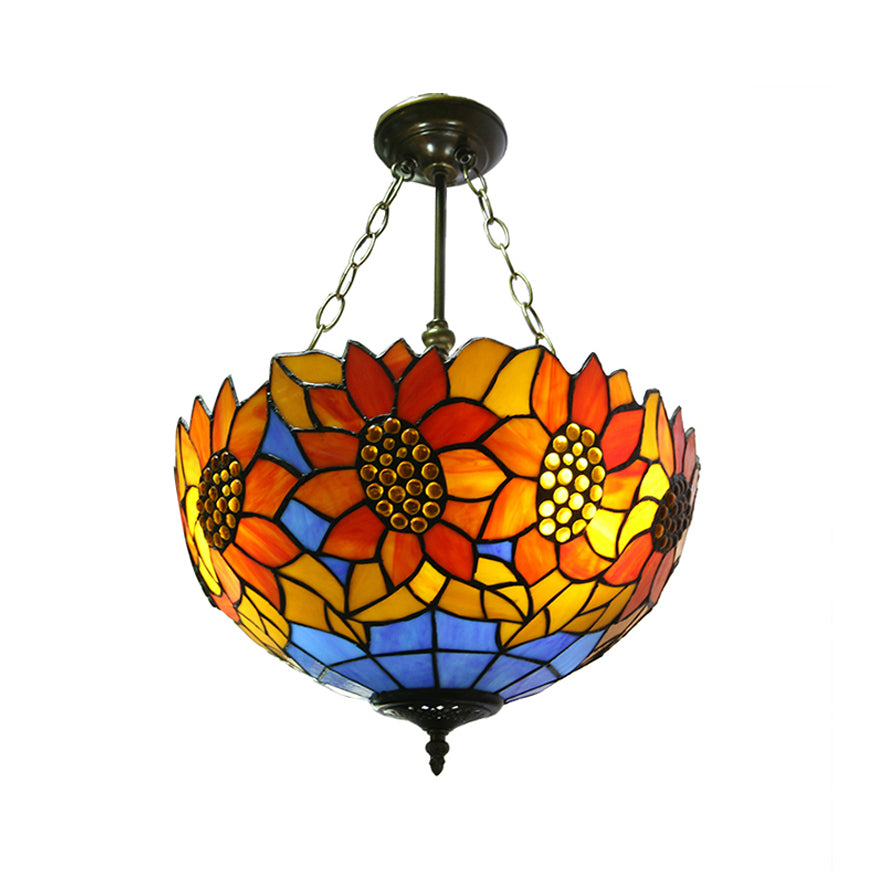 Plafonnier semi-encastré en vitrail tournesol orange/jaune - Parfait pour le salon !