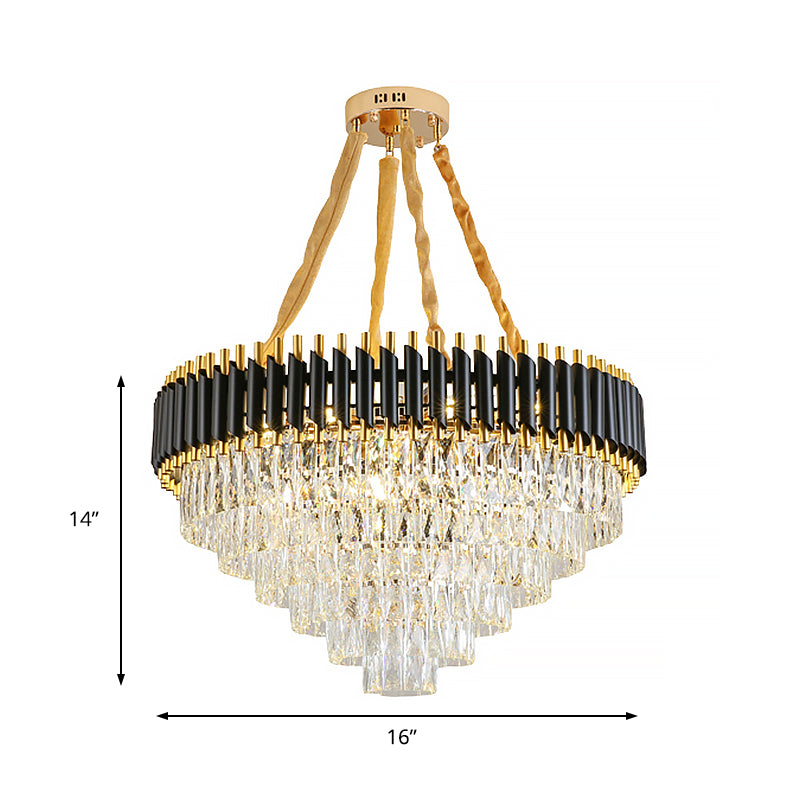 Modern Conical Chandelier with Crystal Accents - 4-Light Black Ceiling Pendant for Living Room