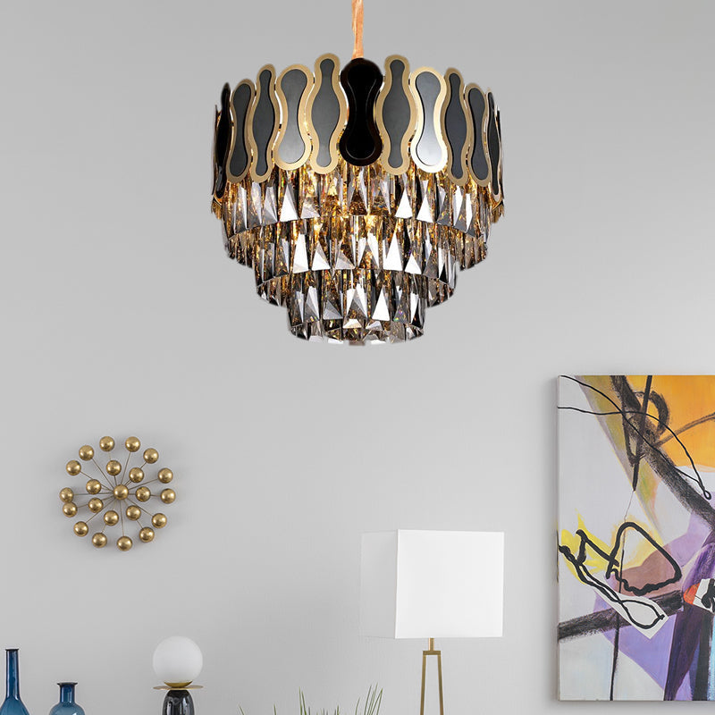 Modern Metal and Crystal Tiered Hanging Light Fixture - 8/11 Lights - Black Chandelier - 18"/23.5" Wide