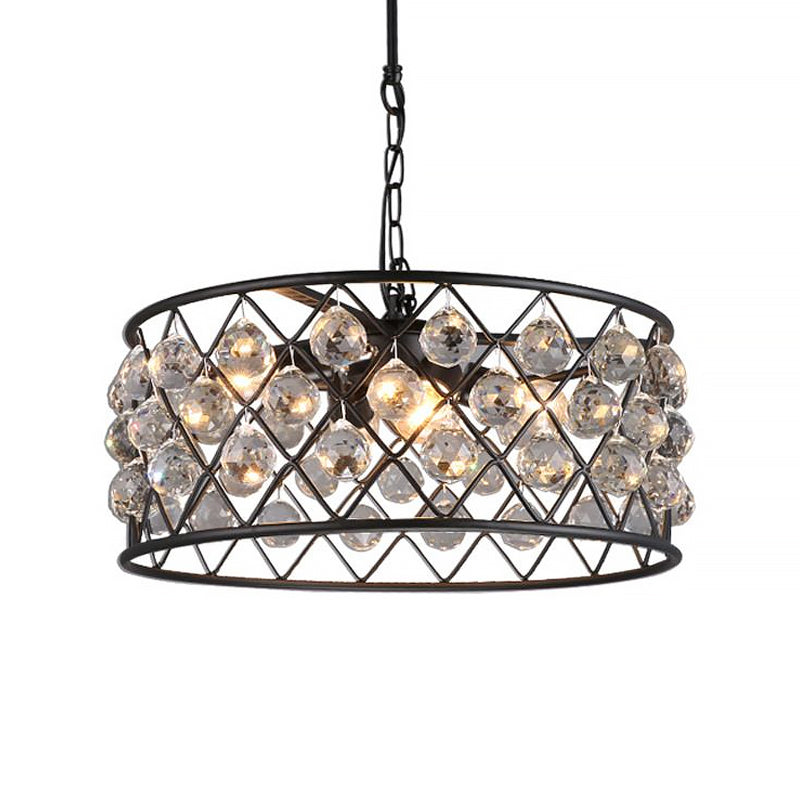 Modern Round Black Chandelier Light with Iron Frame, Metal, and Crystal - 4 Lights