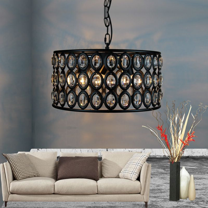 Vintage Black Drum Ceiling Lamp: Metal and Crystal Chandelier with 3 Lights for Living Room