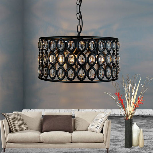 Vintage Black Drum Ceiling Lamp: Metal and Crystal Chandelier with 3 Lights for Living Room
