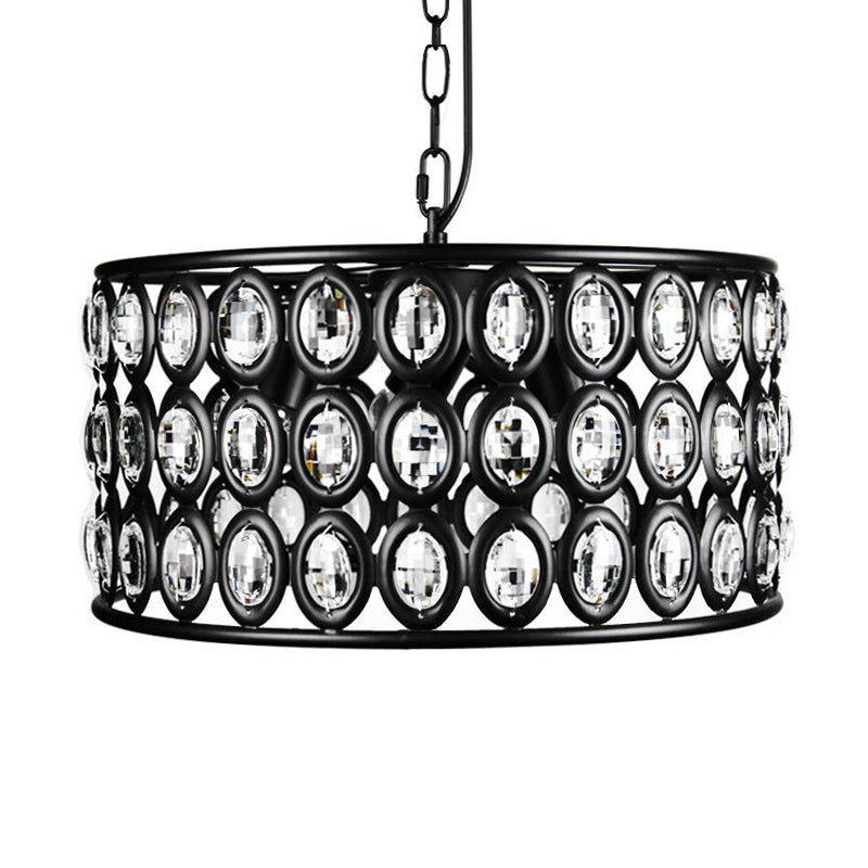 Vintage Black Drum Ceiling Lamp: Metal and Crystal Chandelier with 3 Lights for Living Room