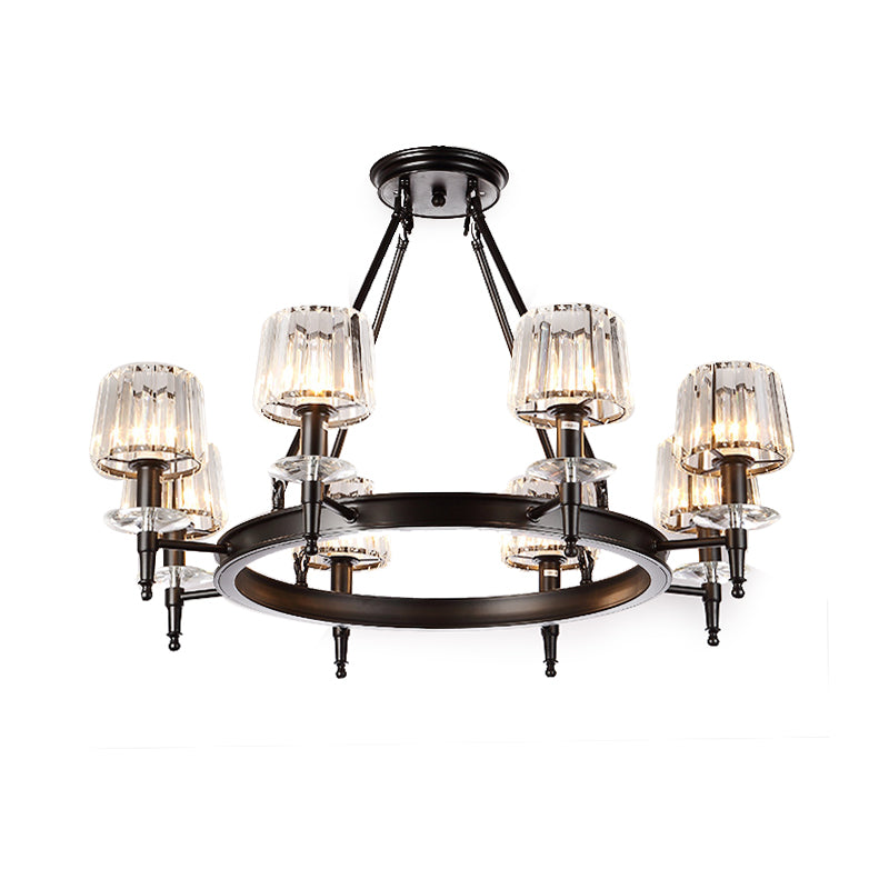 Suspension vintage en forme de tonneau noir : lustre en métal avec abat-jour en verre prismatique - 3/6/8 lumières