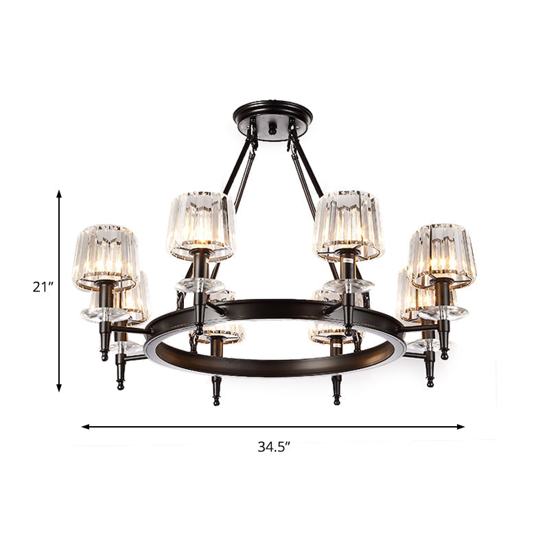 Suspension vintage en forme de tonneau noir : lustre en métal avec abat-jour en verre prismatique - 3/6/8 lumières