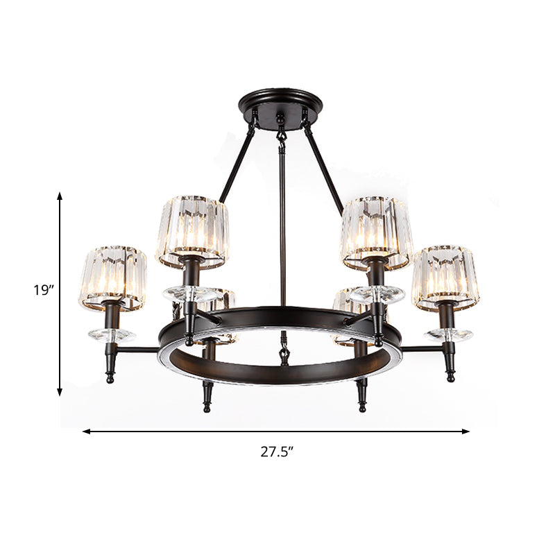 Suspension vintage en forme de tonneau noir : lustre en métal avec abat-jour en verre prismatique - 3/6/8 lumières