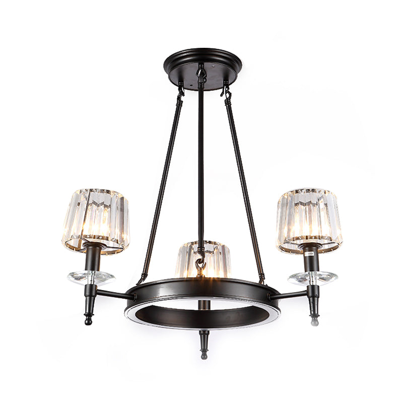 Suspension vintage en forme de tonneau noir : lustre en métal avec abat-jour en verre prismatique - 3/6/8 lumières