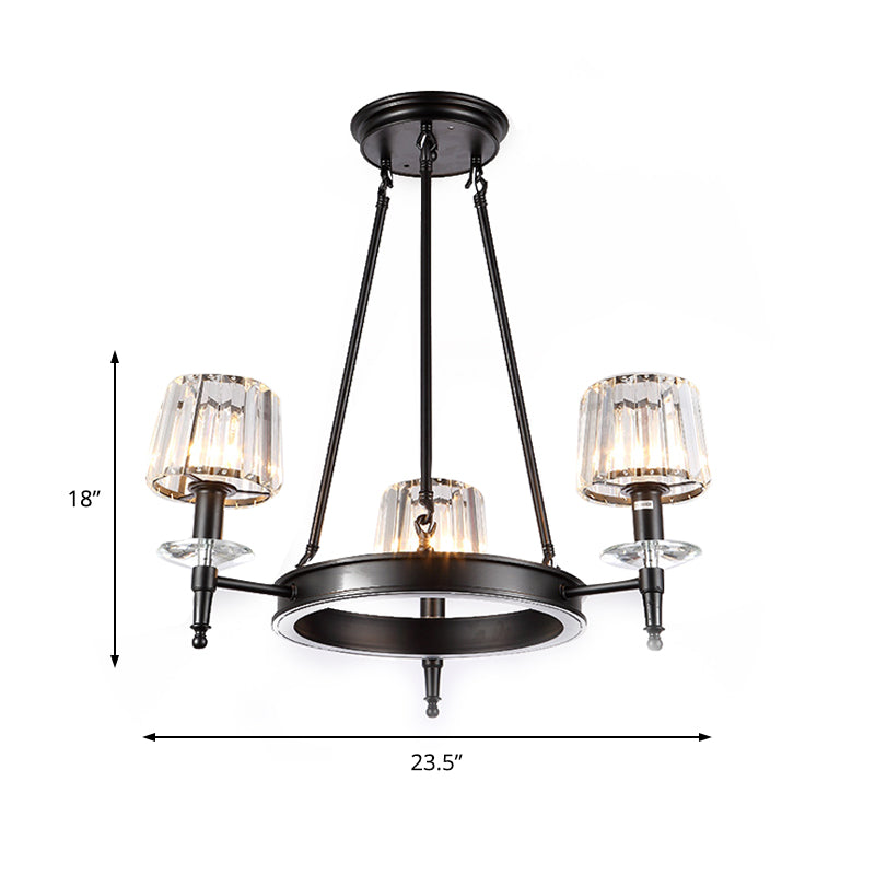 Suspension vintage en forme de tonneau noir : lustre en métal avec abat-jour en verre prismatique - 3/6/8 lumières