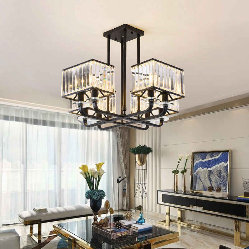 Lustre en cristal prismatique vintage - 6/8 lumières - Suspension noire pour salon