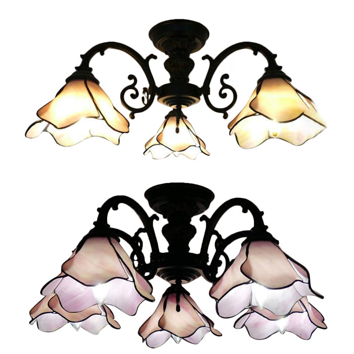 Lustre à pétales en vitrail vintage : 3/5 ampoules, plafonnier de salon en rose