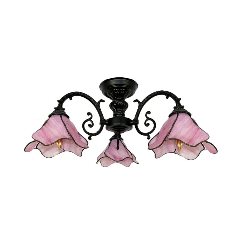 Lustre à pétales en vitrail vintage : 3/5 ampoules, plafonnier de salon en rose