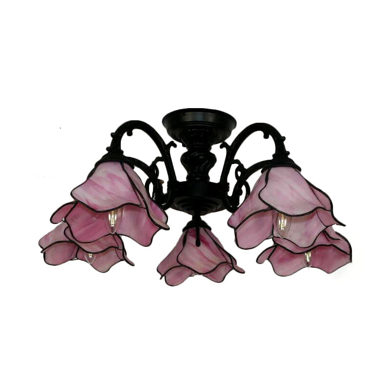 Lustre à pétales en vitrail vintage : 3/5 ampoules, plafonnier de salon en rose
