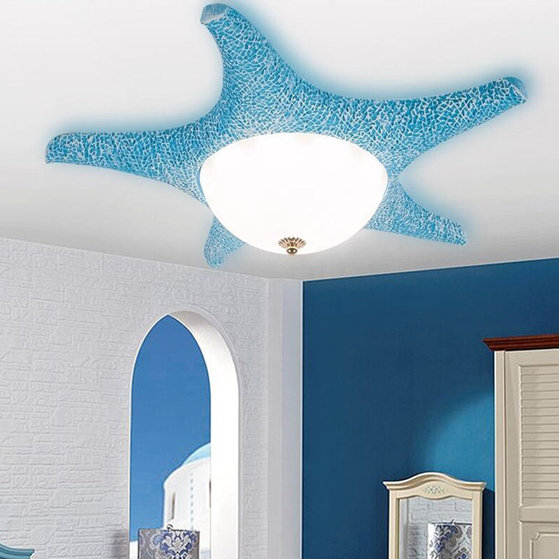 Starfish Kindergarten LED Flush Mount: Resin Ceiling Lighting with Blue Dome Glass Shade