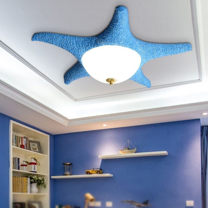 Starfish Kindergarten LED Flush Mount: Resin Ceiling Lighting with Blue Dome Glass Shade