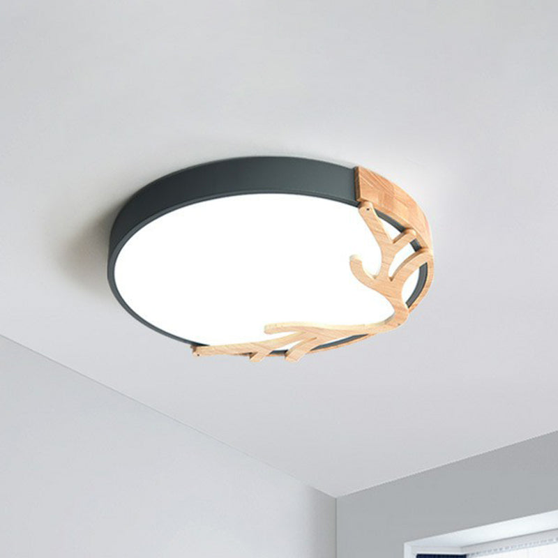 Sleek Metal Circle LED Flush Mount Ceiling Light - Ultra-Thin Design with Wooden Antler Accent, Various Sizes & Colors