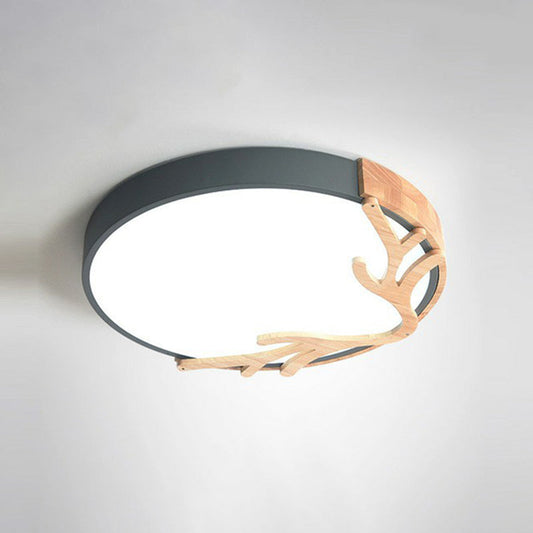 Sleek Metal Circle LED Flush Mount Ceiling Light - Ultra-Thin Design with Wooden Antler Accent, Various Sizes & Colors