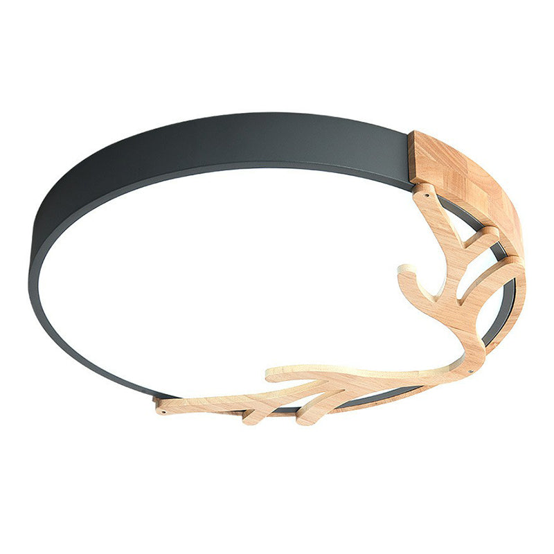 Sleek Metal Circle LED Flush Mount Ceiling Light - Ultra-Thin Design with Wooden Antler Accent, Various Sizes & Colors