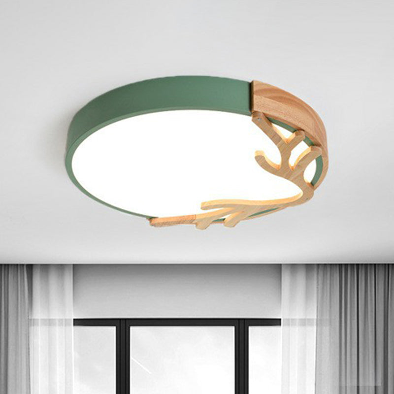 Sleek Metal Circle LED Flush Mount Ceiling Light - Ultra-Thin Design with Wooden Antler Accent, Various Sizes & Colors