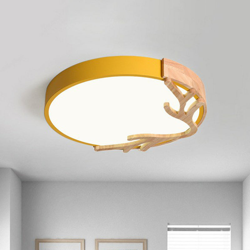 Sleek Metal Circle LED Flush Mount Ceiling Light - Ultra-Thin Design with Wooden Antler Accent, Various Sizes & Colors