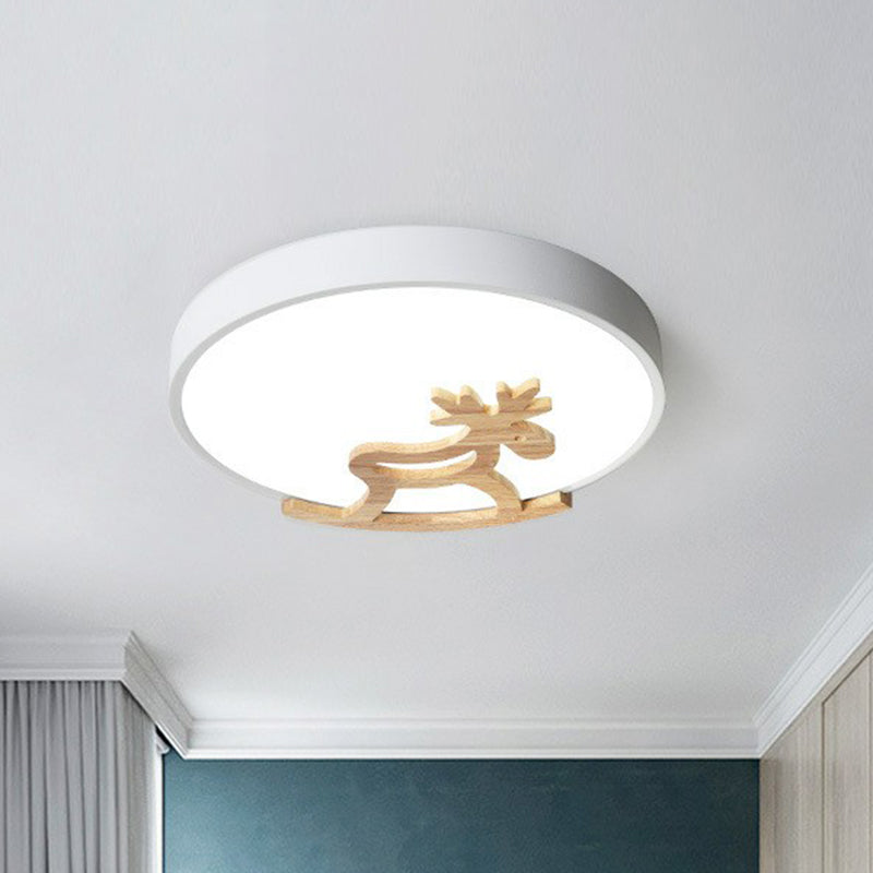 Metallic Nordic Circle LED Flush Mount with Wooden Hobbyhorse for Bedroom Ceiling Lighting