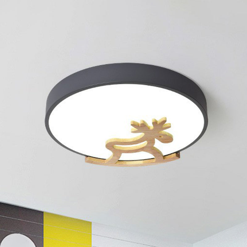 Metallic Nordic Circle LED Flush Mount with Wooden Hobbyhorse for Bedroom Ceiling Lighting