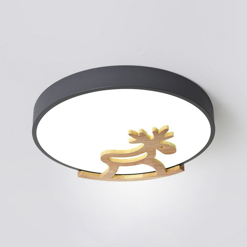 Metallic Nordic Circle LED Flush Mount with Wooden Hobbyhorse for Bedroom Ceiling Lighting