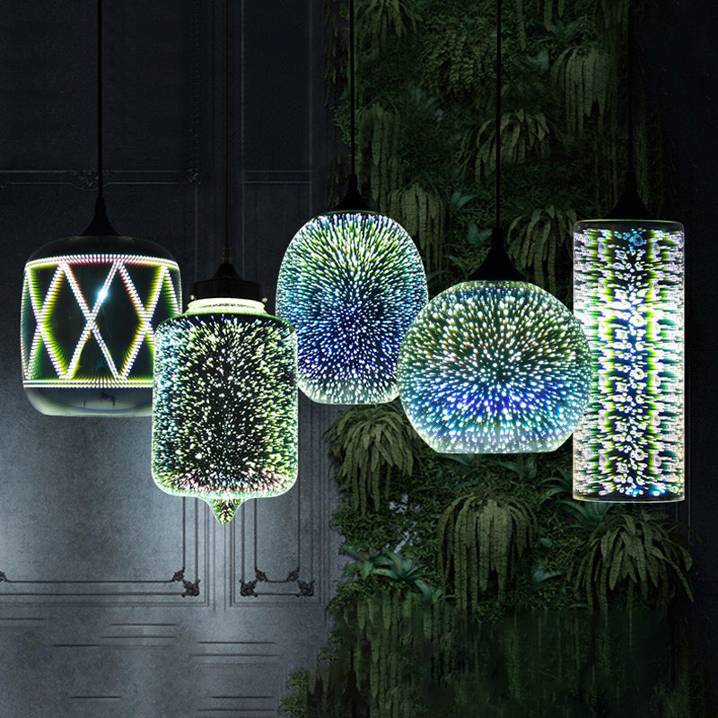 Contemporary Black Glass Pendant Light: Geometrical 3D Firework Design, Single-Bulb Suspension for Living Room