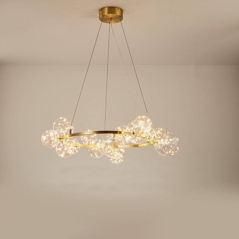 Contemporary Led Chandelier Light With Halo Ring - Clear Glass Globe Living Room Ceiling Lighting In