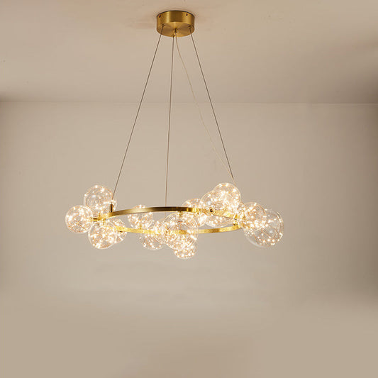 Contemporary Led Chandelier Light With Halo Ring - Clear Glass Globe Living Room Ceiling Lighting In