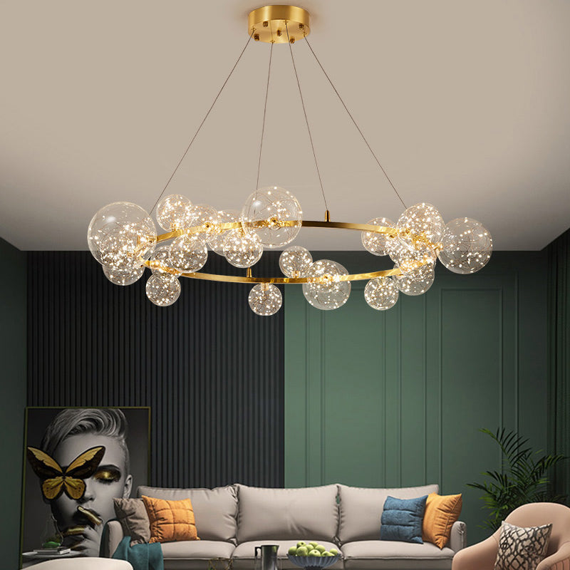 Globe Living Room LED Chandelier Light - Contemporary Clear Glass with Gold Halo Ring