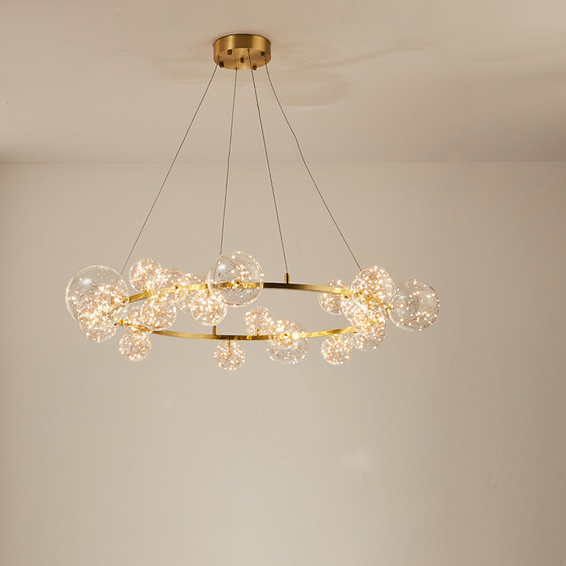 Contemporary Led Chandelier Light With Halo Ring - Clear Glass Globe Living Room Ceiling Lighting In