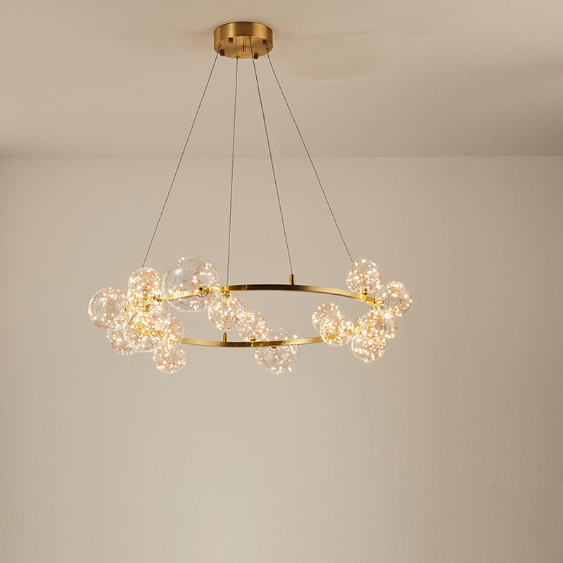 Contemporary Led Chandelier Light With Halo Ring - Clear Glass Globe Living Room Ceiling Lighting In