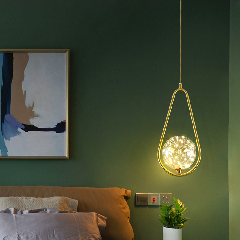 Modern Globe Glass Pendant Light for Bedroom, LED Hanging Ceiling Fixture in Brass