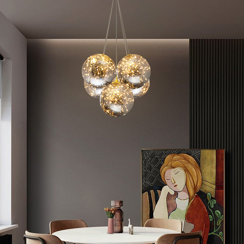 Handblown Glass Led Pendant Light With Modern Brass Finish - Sphere Shape Starry Glow 5 /