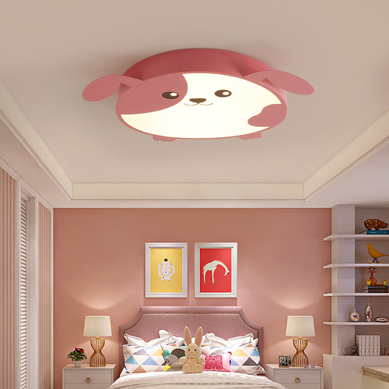 Doggie-themed LED Flush Mount Ceiling Light for Kids' Bedrooms in Pink/Green with Warm/White Light