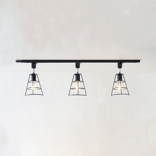 Retro Wire Cage Semi Flush Ceiling Light with Rotatable Conical Shade, Black/White Metal