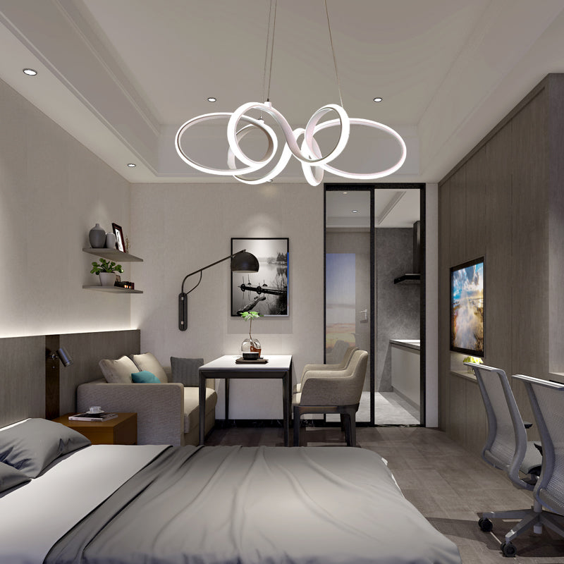 Modern White Curve Chandelier Light Fixture - Acrylic LED Pendant for Bedroom